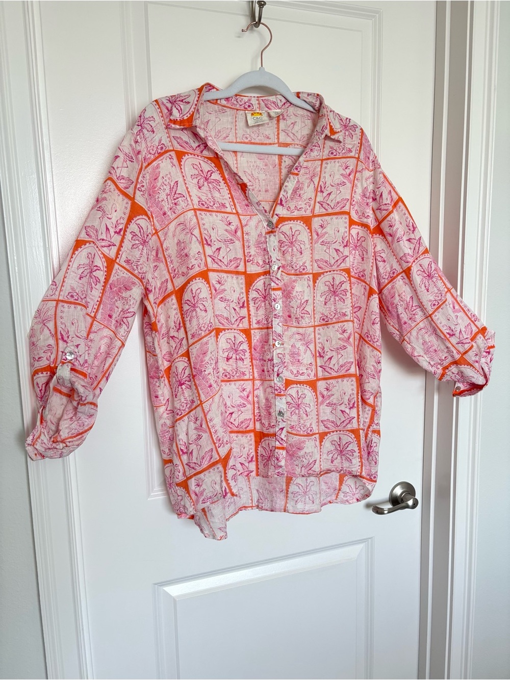 100% Linen C&C California Floral Patchwork Boho Tunic Pink Orange XL